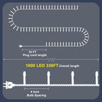 RPGT Christmas Light 1000 LEDs 336ft Green Cable Wire Fairy String Tree Twinkle Lights Plug in 12 Modes for Christmas Party, Outdoor, Garden, Wedding, Home Decoration (White)