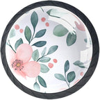 4 PCS Knobs for Dresser Drawers, Pink Flowers Green Leaves Branches ABS Round Kitchen Cabinet Handles Pulls for Kitchen Cupboard Wardrobe Hardware Bedroom