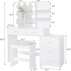 usikey 43.5in Large Vanity Desk with Mirror and 10 LED Lights, Makeup Vanity Table with Lights and 5 Drawers, White Vanity Table Vanity Set with Storage Shelves and Stool for Women Girls, White