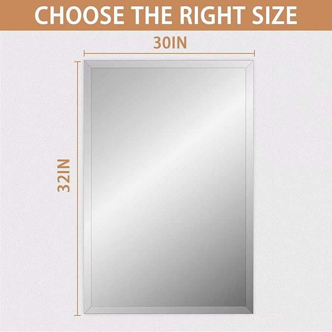 Frameless Mirror for Bathroom Vanity,30x32in Wall Mounted Mirrors for Over Sink Decorative Rectangular Frameless Mirror,With Polished Edge,Hangs Horizontally Or Vertically,Entryways,Room,Shatterproof
