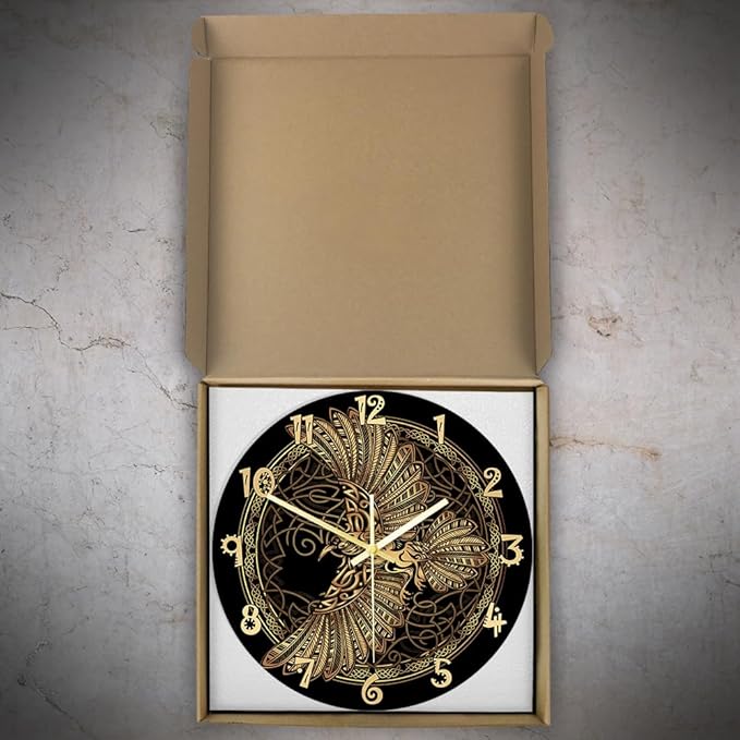 12 Inch Scandinavian Tattoo Odin's Celtic Raven Wall Clock, Norse Viking Man Cave Wall Clock Runic Symbols Crow Vintage Decorative Silent Non Ticking Battery Wall Watch Clock for Living Room