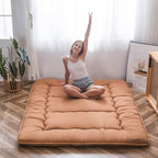 MAXYOYO Japanese Floor Mattress Futon Mattress, Thicken Tatami Mat Sleeping Pad Foldable Roll Up Mattress Boys Girls Dormitory Mattress Pad Kids Floor Lounger Bed, Light Brown, Queen Size