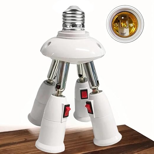 4-in-1 Light Socket Extender, E26/E27 to 4 Bulb Adapter with Adjustable Arms, 360° Rotatable for Ceiling Fan/Lamp Holder, UL Listed, Extension Splitter with Power Switch(White)