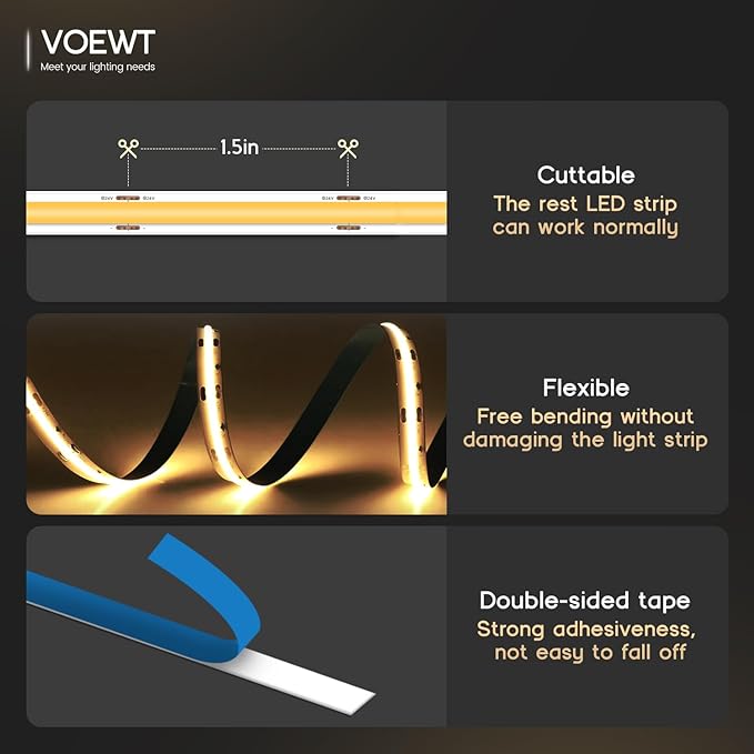 COB LED Strip Lights Daylight White 6000K,32.8ft 24V High CRI 95Ra+ Super Bright,Flexible Tape Lights for Bedroom,Mirror,Kitchen Cabinet, Living Room(Power Supply Not Included)
