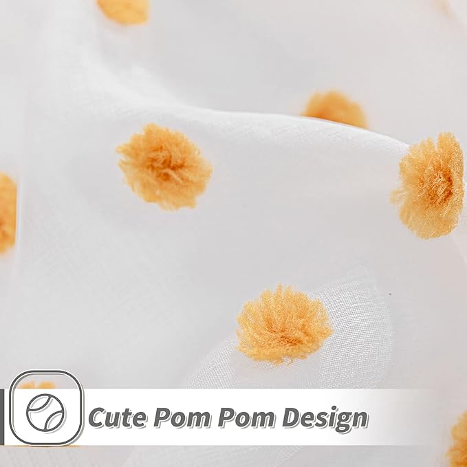 MYSKY HOME Large Pom Pom White Sheer Curtains for Living Room - 108 Inch Burnt Orange - Extra Long Light Filtering Rod Pocket Window Panels - 52 x 108 inch - 2 Pieces