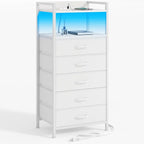 Furnulem White Nightstand with 5 Storage Drawer, Tall Dresser for Bedroom with Led Light and Charging Station, Side Table Nightstand for Closet, Fabric Bins, Metal Frame, Wood Shelf(White)