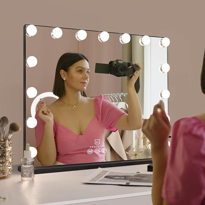 FENCHILIN Vanity Mirror with Lights,Hollywood Lighted Mirror with Dimmer Bulbs, Vanity Makeup Mirror Smart Touch Control (Black)