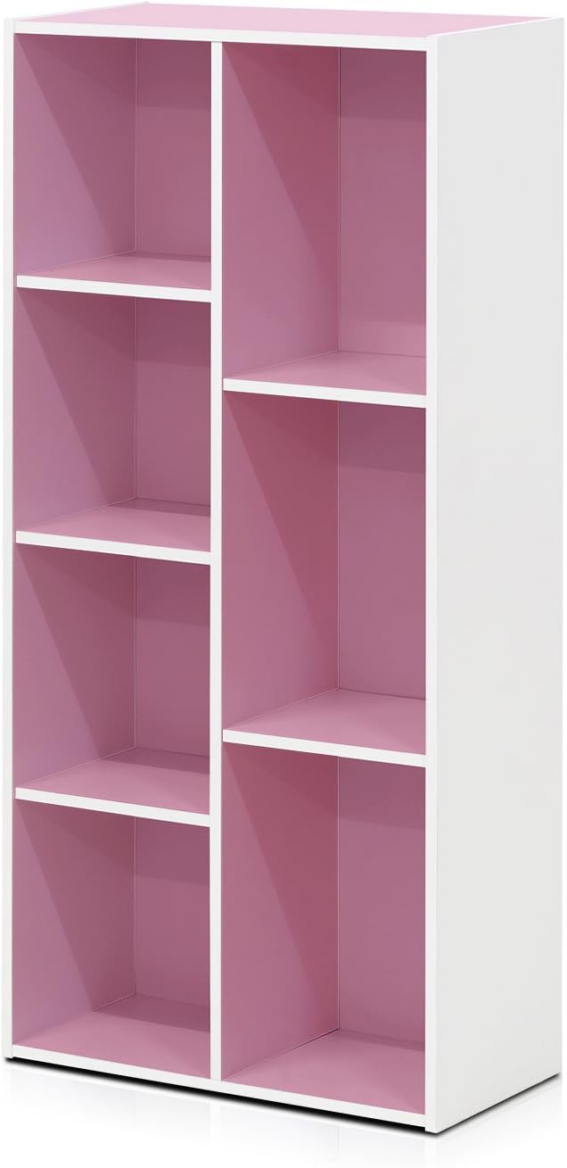 Furinno LUDER Book Shelf, 7-Cube Bookshelf, Bookcase, 9.4" x 19.5" x 41.7", for Living Room, Bedroom, Home Office, White/Pink