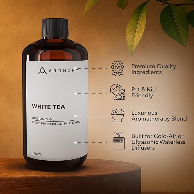 White Tea Diffuser Oil, 16.9 FL Oz, 500 mL, Aroma Essential Oil for Scent Diffusers, Luxury Hotel Scent for Home, Bathroom, Spa & Office, Natural White Tea Fragrance Oil, Orange & Palo Santo.