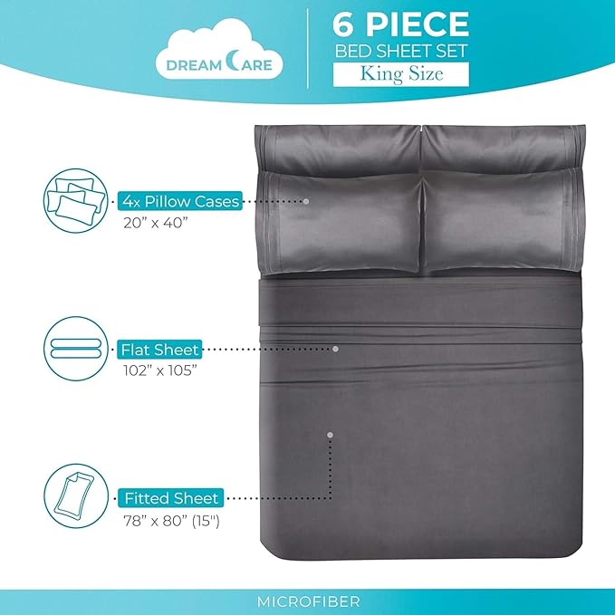 DREAMCARE King Size Sheets Set – 6 pcs Cooling Bed Sheets – up to 15” Deep Pocket King Sheet Set – 2500 Supreme Collection – Extra Soft 100% Brushed Microfiber Hotel Luxury with Side Pocket – Gray