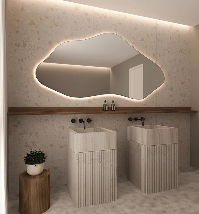 Asymmetrical Bathroom LED Mirror, Modern Irregular Shape Wall Mirror with LED Lights, Frameless Aesthetic Backlit LED Illimunated Vanity Mirror (55" x 27" inc)
