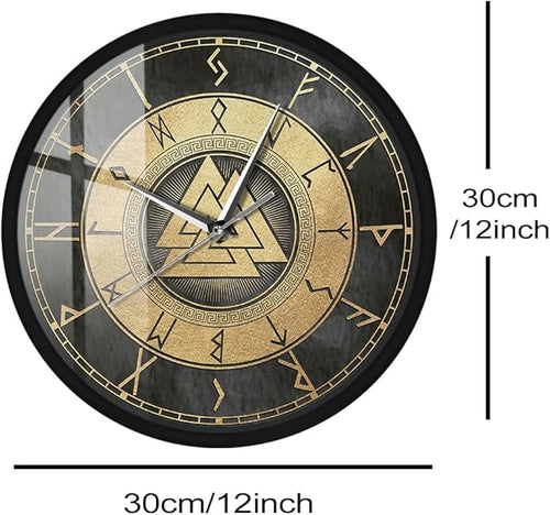 12 Inch Scandinavian Viking Design Valknut Wall Clock, Vintage Futhark Viking Runes Warrior Norse Print Wall Clock Accurate Silent Non Ticking Battery Operated for Man Cave Bedroom Farmhouse