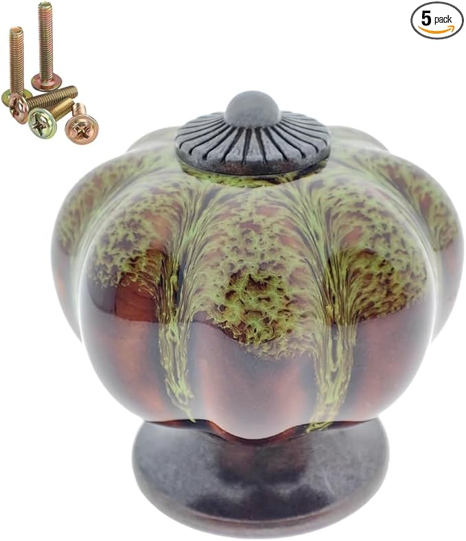 5 Pack Vintage Ceramic Pumpkin Cabinet Knobs, Kitchen Cabinet Drawers Dresser Cupboard Pull Handles Door Pulls with 5 Kinds of Screws (Leopard Print -Green)