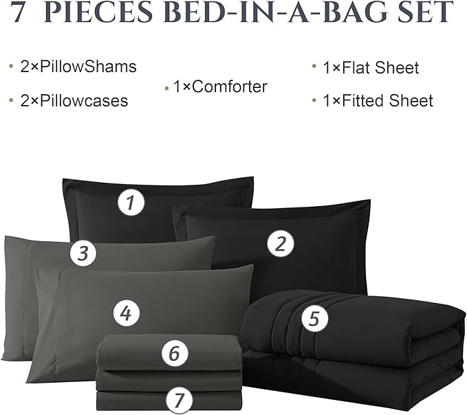 Monbix King Size Comforter Set - 7 Pieces Bed in a Bag King, Black Bedding Sets with Comforter, All Seasons Down Alternative Comforter Bed Set with Sheets, Pillowcases & Shams