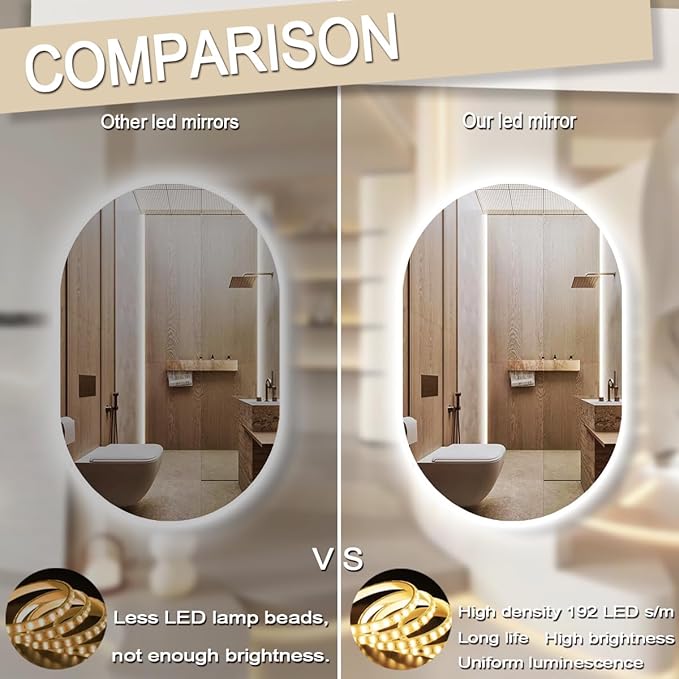 THEKLA 24 x 40 Inch Oval Lighted Vanity Mirror with Lights Backlit Smart Memory 3 Color Dimmable AntiFog 40" Frameless LED Oval Backlit Mirror for Bathroom Salon Makeup Wall Vertical/Horizontal Mount