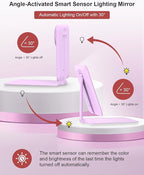 Gospire Travel Makeup Mirror with Lights and Magnification 10X, Portable Make Up Compact Tabletop Cosmetic with Adjustable Stand, 3 Colored Light Rechargeable LED Vanity Mirror - Purple