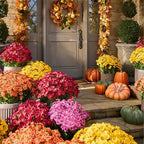 Artificial Mums for Outdoors, Faux Sunset Mum Flowers Planters for Indoor Outside Decor, Fake Look Real, Vibrant, UV Resistant, Waterproof, Windproof (Orange, 5 Bundle)