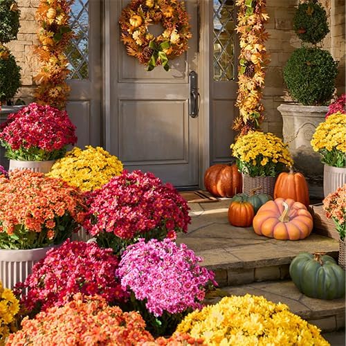 Artificial Mums for Outdoors, Faux Sunset Mum Flowers Planters for Indoor Outside Decor, Fake Look Real, Vibrant, UV Resistant, Waterproof, Windproof (Orange, 10 Bundle)