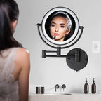 Wall Mounted Makeup Mirror with Lights and 10X Magnification, 8" Rechargeable Double Sided Touch Dimmable Foldable Extended Arm 360 Rotation for Bathroom, Matt Black