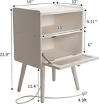 Mid Century Modern Nightstand with Charging Station, Bedside Tables with Glass Decorative Door, End Table Side Table with 2 Tiers Storage Space, for Bedroom, Living Room, White