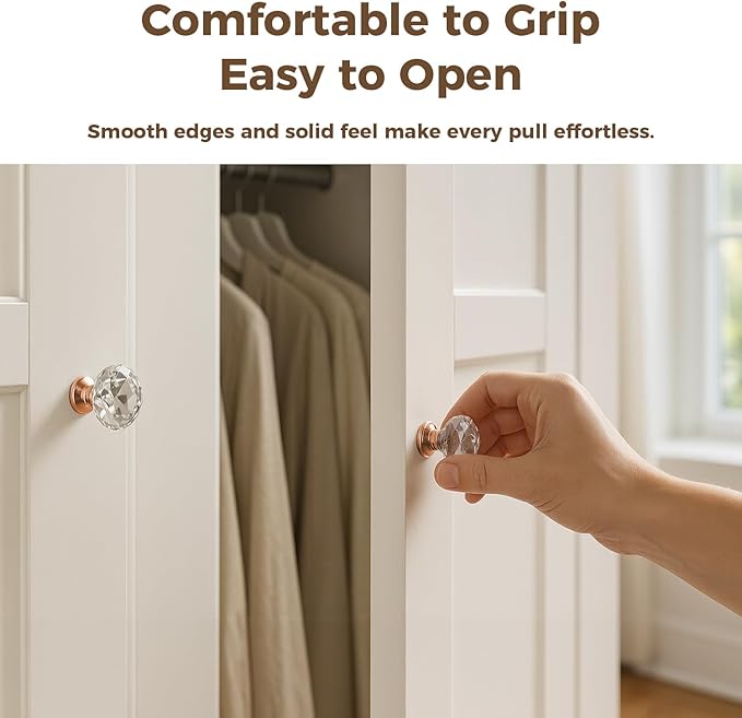 DEELF 12 Packs Kitchen Cabinet Knobs, 30 mm Crystal Cabinet Knobs, Diamond Dresser Handle Drawer Pulls, Dresser Knobs for Cabinets and Drawers, Rose Gold Base