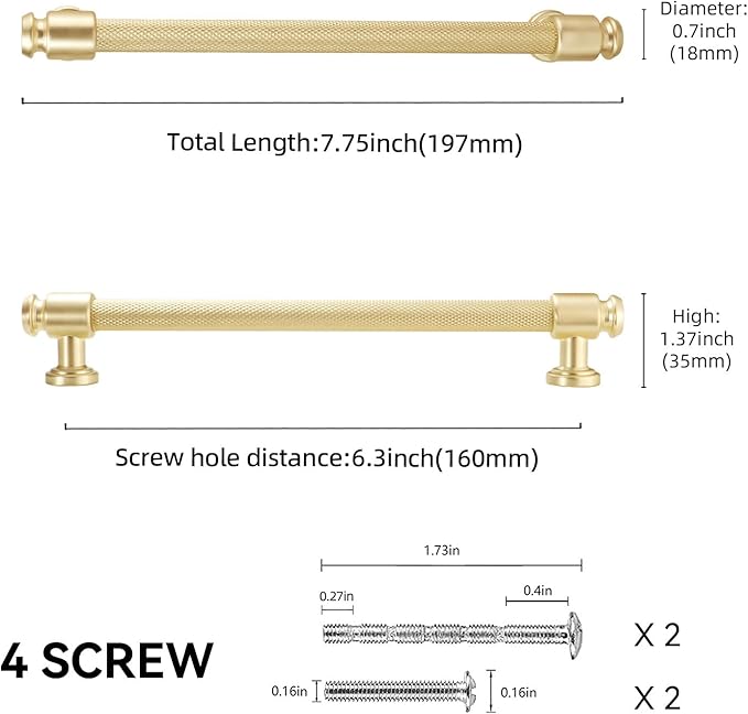 10 Pack 6-1/4" Hole Center(160mm) Brushed Brass Cabinet Handles and Pulls - Gold Drawer Handles for Kitchen and Dresser