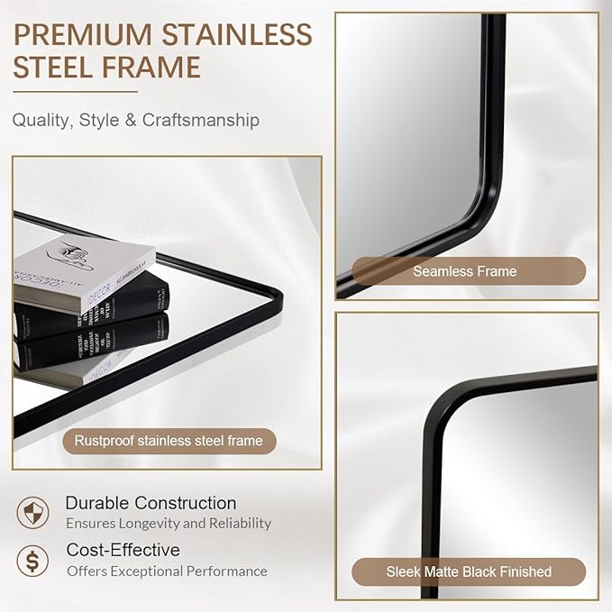 ANDY STAR 40X32 Inch Black Bathroom Mirror, Black Bathroom Vanity Mirrors for Wall, Rounded Rectangle Mirror for Bathroom, Seamless Tube Metal Frame, 1’’ Deep Wall Mounted Vertical/Horizontal