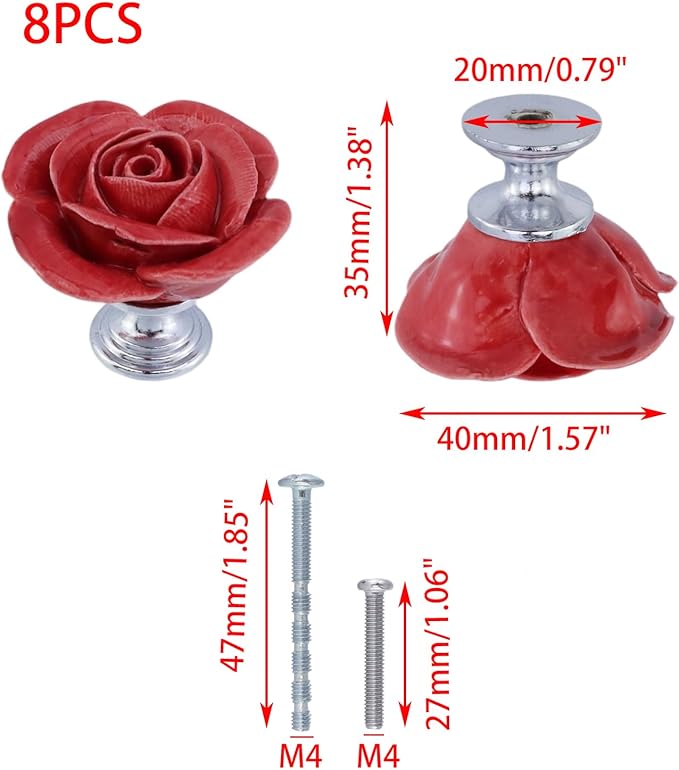 8PCS 1.57" × 1.38" Ceramics Begonia Red Rose with Base Knobs Flower Shaped Pulls for Cupboard Drawer, with 2 Kinds of Screws