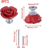 8PCS 1.57" × 1.38" Ceramics Begonia Red Rose with Base Knobs Flower Shaped Pulls for Cupboard Drawer, with 2 Kinds of Screws