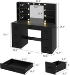 Furmax Vanity Desk with Mirror, LED Lights and Power Outlet Makeup Vanity Table with 7 Drawers and 6 Storage Shelves Dressing Table for Bedroom Dressing Room (Black)