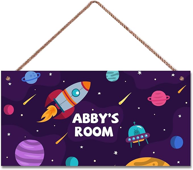 Personalized Sign Universe Rocket Sign Outer Space theme Art Décor For Kids Room Custom Name Door Wall Decor, Floral Nursery Art Girls Room Boys Bedroom