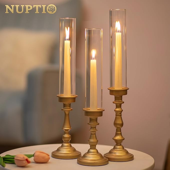 NUPTIO Gold Candlestick Holders Bulk: Set of 6 Tall Hurricane Glass Taper Candleholders - Vintage Candles Stick Stand for Wedding Bridal Shower Birthday Party Centerpiece Decor