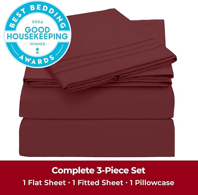 Mellanni Twin Sheets Set - 3 PC Iconic Collection Bedding - Hotel Luxury, Extra Soft, Cooling Bed Sheets - Wrinkle, Fade, Stain Resistant (Twin, Burgundy)