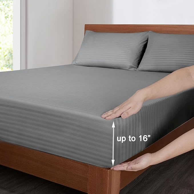 Mejoroom Striped Full Size Sheets – Extra Soft Full Size Bed Sheets - 16inches deep Pocket Full Sheet Set, Breathable, Wrinkle, Fade and Stain Resistant – 4 Piece(02-Gray)