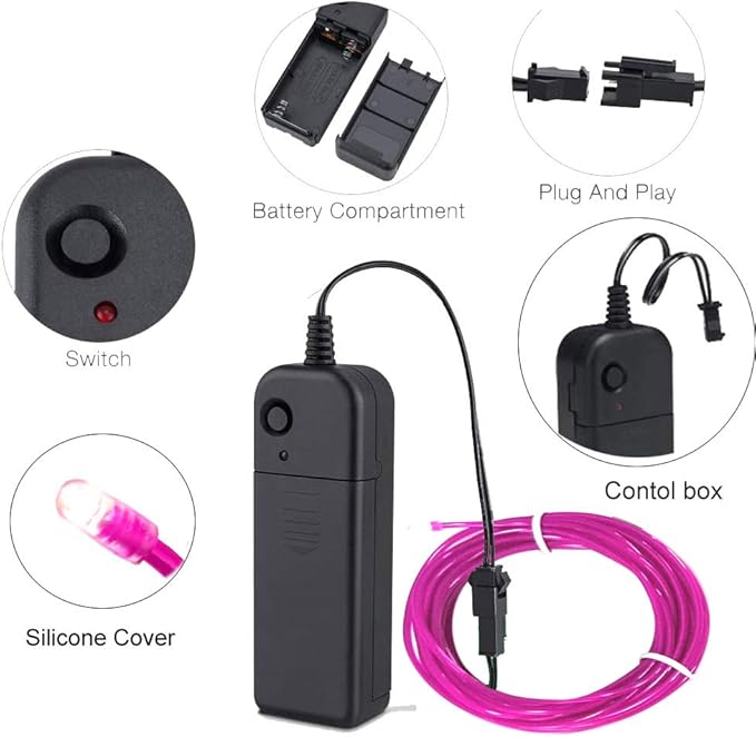 MaxLax EL Wire Purple, 32.8ft/10m Portable Battery Pack Neon Light Strip 360° Cuttable Glowing Rope Lights for Parties, Halloween, DIY Decoration