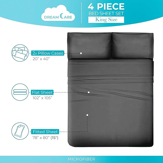 DREAMCARE Full Size Sheets - Cooling Bed Sheets - 4pcs Set - up to 15" Deep Pocket Full Sheet Set - Sheets Full Size Bed - Soft & Long Lasting 100% Fine Brushed Polyester with Side Pocket - Dark Gray