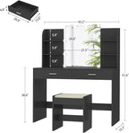 usikey Vanity Desk with Mirror and Lights, Vanity Makeup Table Set with 2 Drawers & 6 Open Shelves, Makeup Vanity Desk Dressing Table with Cushioned Stool, Black