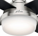 Hunter 52 inch Indoor Ceiling Fan with LED Light and Remote Control - Modern Ceiling Fan, Low Profile Mount, 4 Black Oak Blades, For Bedroom, Living Room, or Kitchen - Dempsey 59241, Brushed Nickel