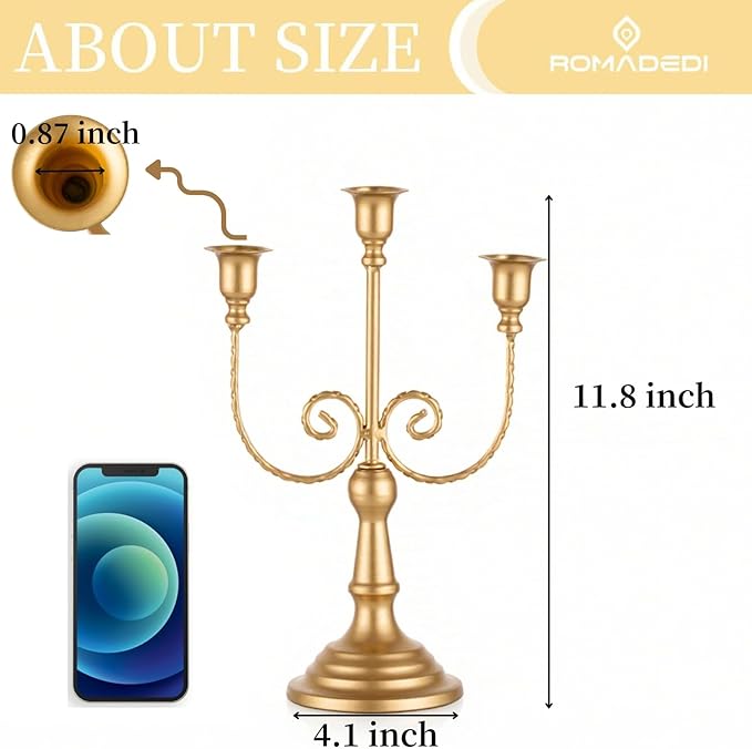 Romadedi Candelabra Gold Candle Holders - 3 Arm 11.8" Wedding Candlestick Holder for Theme Party Table Centerpiece Decor Dining Room Birthday Holiday Christmas