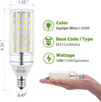 E12 LED Corn Light Bulb, 12W Equivalent 100W, 1200 Lumen Daylight 5000K, Non-Dimmable Candelabra Base Chandelier Light Bulbs, Pack of 3