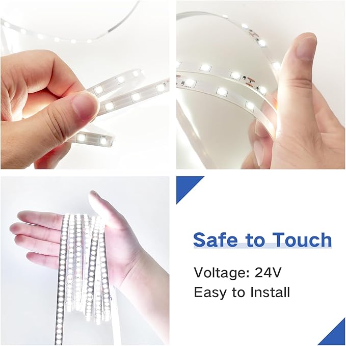 16.4ft Dimmable White LED Strip Light Kit, Dimmable 3000K-6500K, 24V Strip Lights with Remote Control, Flexible LED Strip Light, Eye Protection for Bedroom, Home Lighting, Mirror, Kitchen, Bar Cabinet