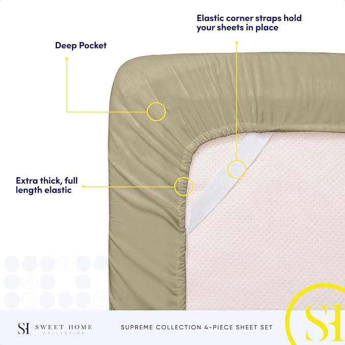 Split King Sheets - Breathable Luxury Sheets with Full Elastic & Secure Corner Straps Built In - 1800 Supreme Collection Extra Soft Deep Pocket Bedding Set, Sheet Set, Split King Size, Sage