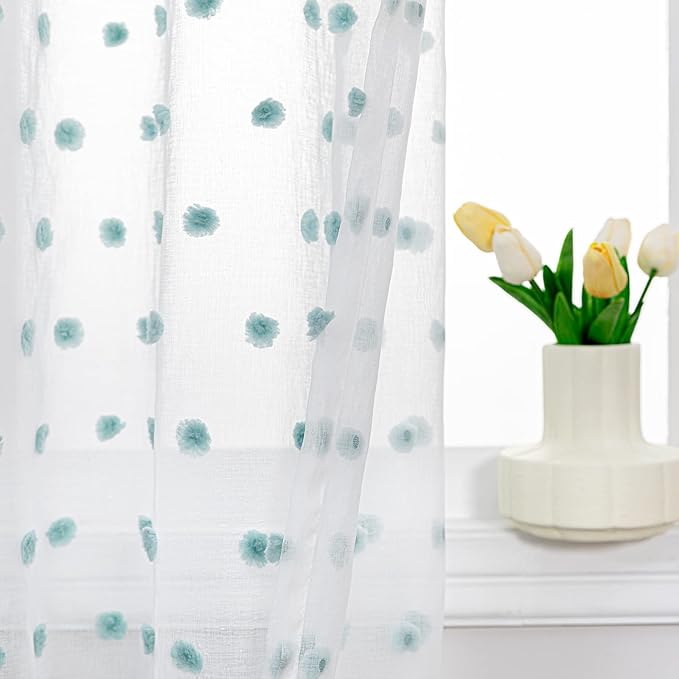 MYSKY HOME 108 Inch Long Large Pom Pom Sheer Curtains for Living Room - Aqua White, Light Filtering, Rod Pocket Window Panels - 38 x 108 inch, 2 Pieces