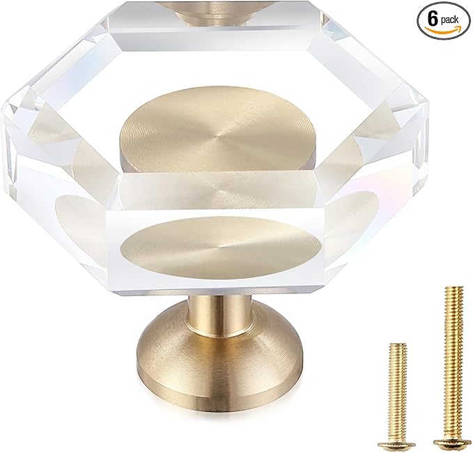 6-Pack Brass Base Crystal Drawer Knobs,Glass Crystal Gold Cabinet Knobs,1-5/16-Inch Hexagon,Kitchen Hardware Pulls, Modern Bathroom Hardware knob