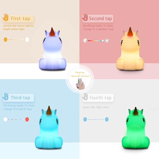 WHA&DARREN Large Unicorn Night Light for Kids,Cute Baby Night Light, Silicone Bedside Lamp,Sleep LED Lights, Eye Caring, Adjustable Brightness & Color, Time Setting, Touch Control & Remote Control