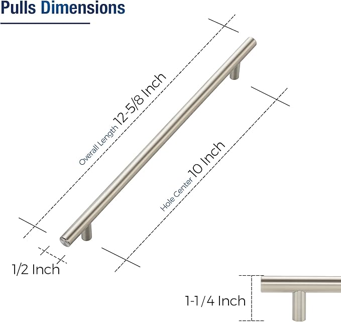 JOY DECOR 30 Pack Cabinet Handles, Brushed Nickel Cabinet Pulls, 10 in Hole Center Kitchen Cabinet Handles, Stainless Steel T Bar Handles for Dresser Drawers