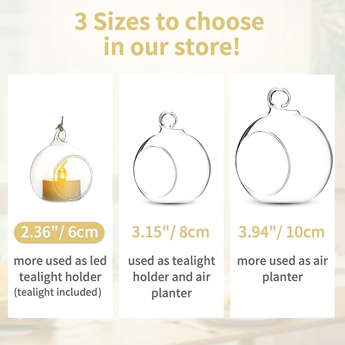 108 Pcs Mini Hanging Tealight Holder with LED Candles, 2.36in Hanging Glass Globes Candle Holder, Hanging Glass Terrarium Glass containers for Wedding Party Tree Decoration (Contains LED Candles)