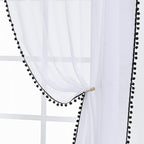 Treatmentex Sheer White Curtains with Black Pom Pom Curtains 84" Long Linen Textured Look Decorative Window Drapes Navy 52" w 1Pair