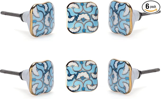 Perilla Home Set of 6 Ceramic Knobs Decorative Round Knobs for Home Kitchen Cabinet Hardware Cupboard Glass Door Dresser Wardrobe and Drawer Pulls (Small, Cadia Blue)