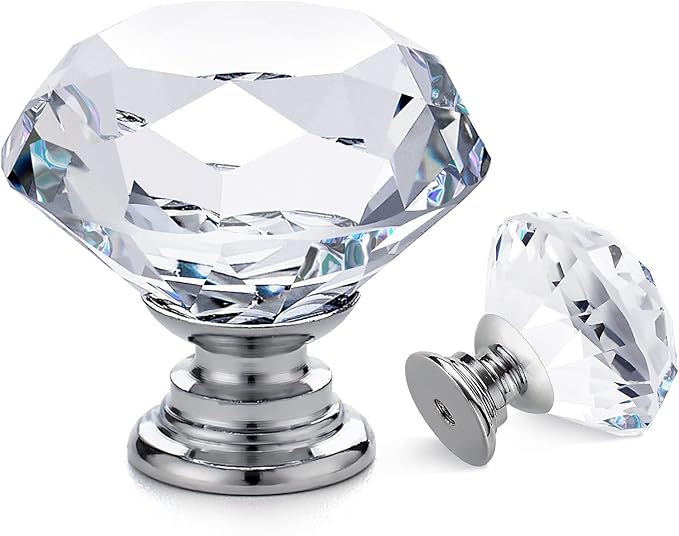 Ravinte 3 Pack Crystal Drawer Knobs - Glass Cabinet Knobs, Diamond Shaped - 30 mm with Silver Base